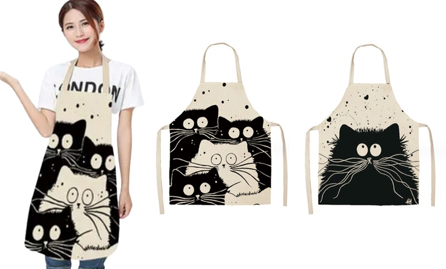 Image 1: Black and White Linen Cartoon Cat Printed Apron