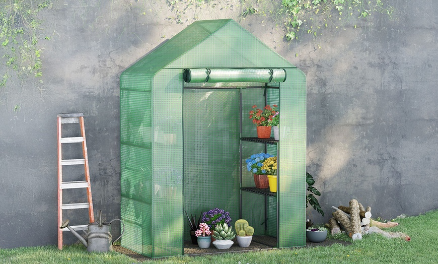 Image 1: Outsunny Walk In Greenhouse with Shelves, PE cover and roll up door 