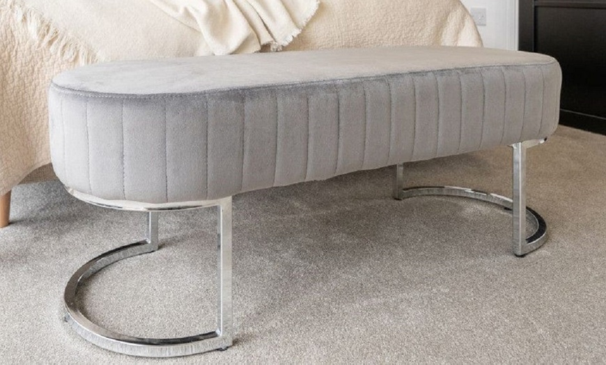 Image 2: Fabric Velvet Bench in Grey Stool with Silver Effect Legs Frame 