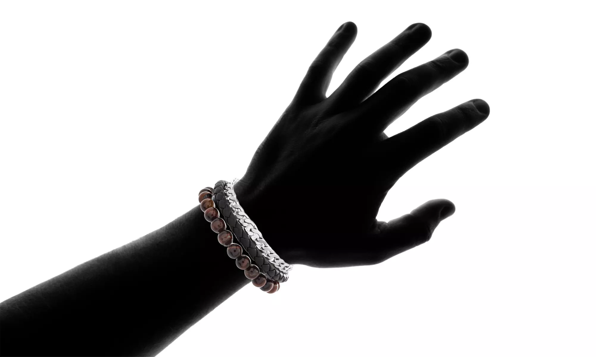 Men's Tigers Eye Bead, Curb Chain, and Leather Bracelet Set by Simply Steel - Second Medium