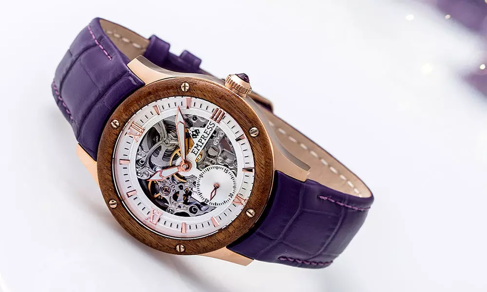 Empress Victoria Women's Automatic Skeleton Dial Wooden Bezel Leather Strap Watch - Primary Image