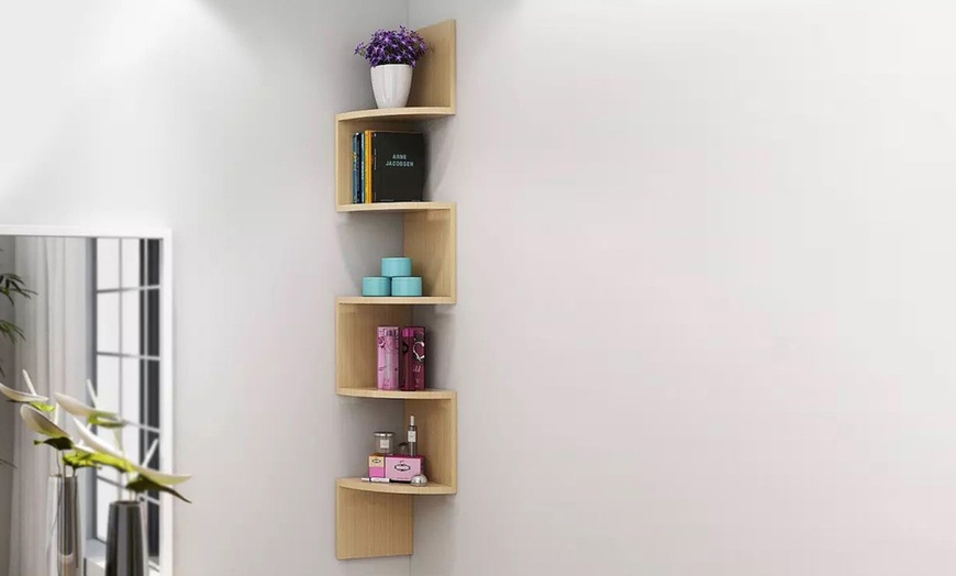 Image 3: Five Tier Wooden Floating Corner Shelf