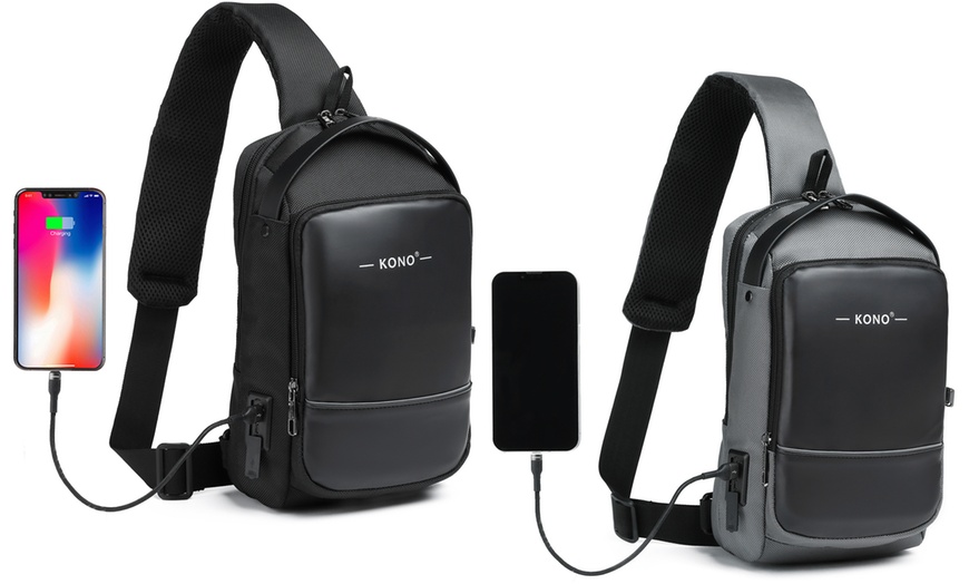 Image 1: Smart Sling Chest Bag with USB Charging Port Crossbody Backpack Unisex