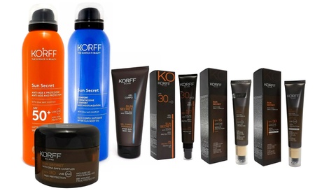 Crema, gel, doposole per il viso e il corpo Korff, ad alta o media protezione, disponibili in vari formati e tipologie
