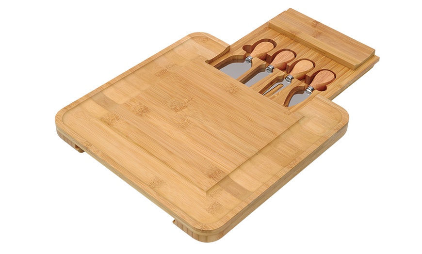 Image 2: Bamboo Cheese and Charcuterie Board with Knife Drawer and Four Knives