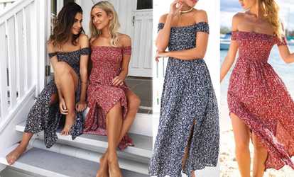 Off-Shoulder Shirred Maxi Dress