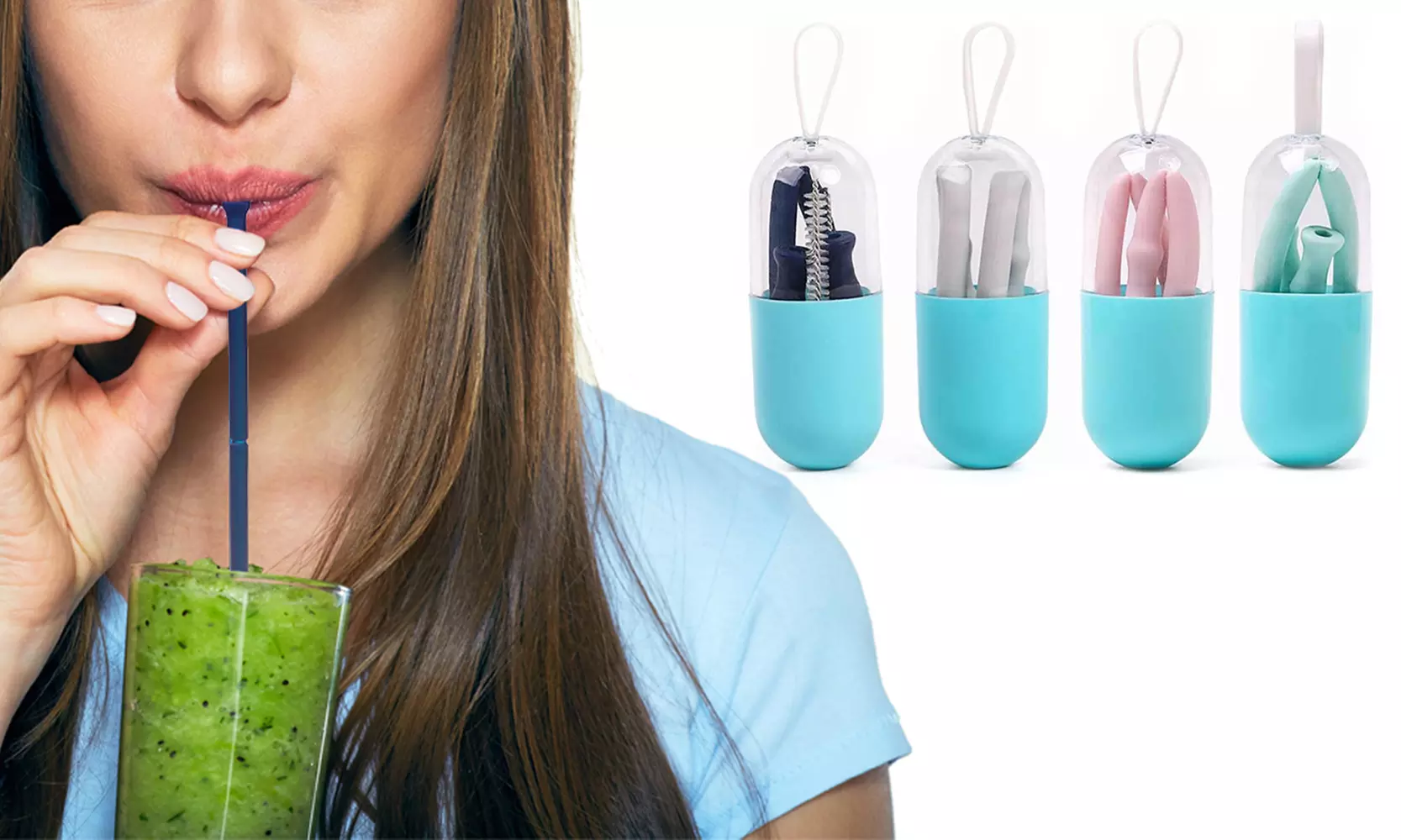 Foldable and Reusable Silicone Drinking Straw with Case - Primary Image