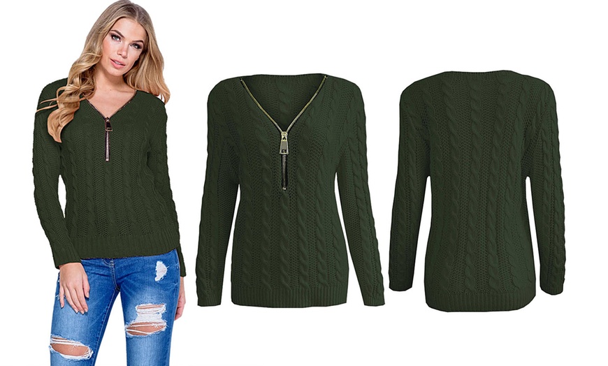 Image 4: Women's V-Neck Zip Front Cable Knit Jumper