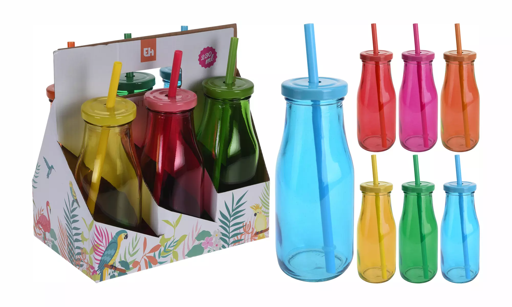 Set de 6 bouteilles en verre colorés réutilisables avec pailles - Primary Image