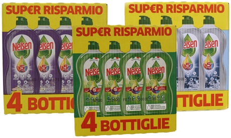 Set da 4 confezioni di detersivo Nelsen per piatti, in formato da 900 ml, disponibile in 3 fragaranze
