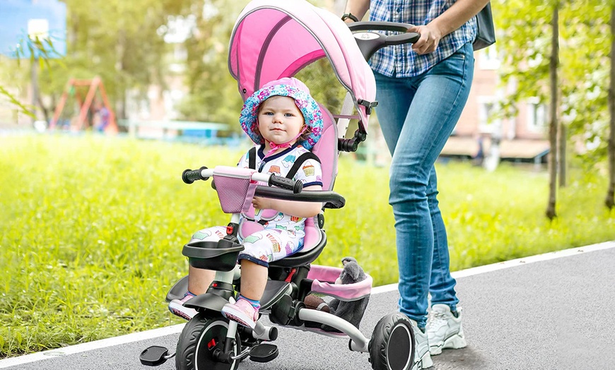 Image 1: HomCom Foldable Toddler Push Along Tricycle with Parent Handle