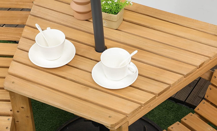 Image 3: Outsunny Wooden Garden Love Seat with Coffee Table and Parasol Hole