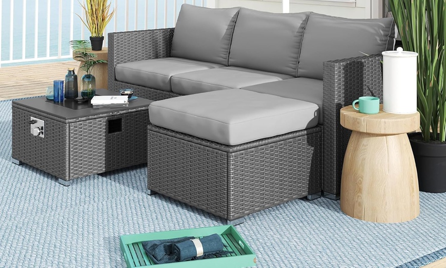 Image 3: Outsunny Five-Piece Rattan-Effect Furniture Set with Fire Pit Table