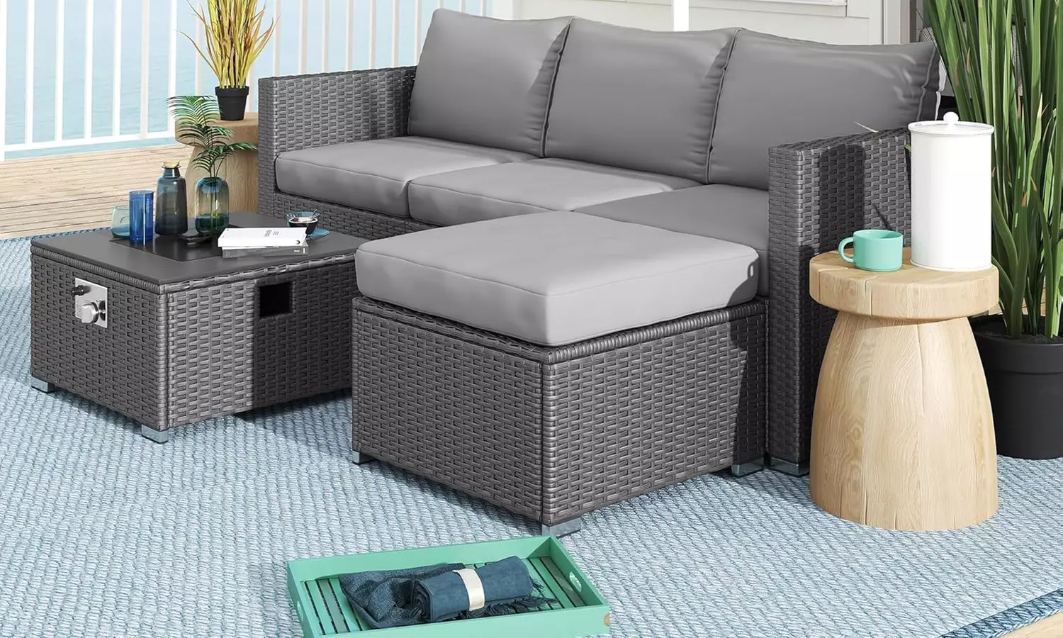 Outsunny Five-Piece Rattan-Effect Furniture Set with Fire Pit Table