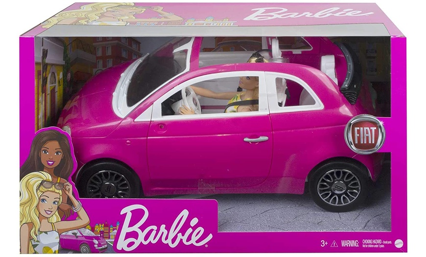 Image 4: Barbie Bambola e Fiat 500, Veicolo Rosa a 4 Posti con Accessori 