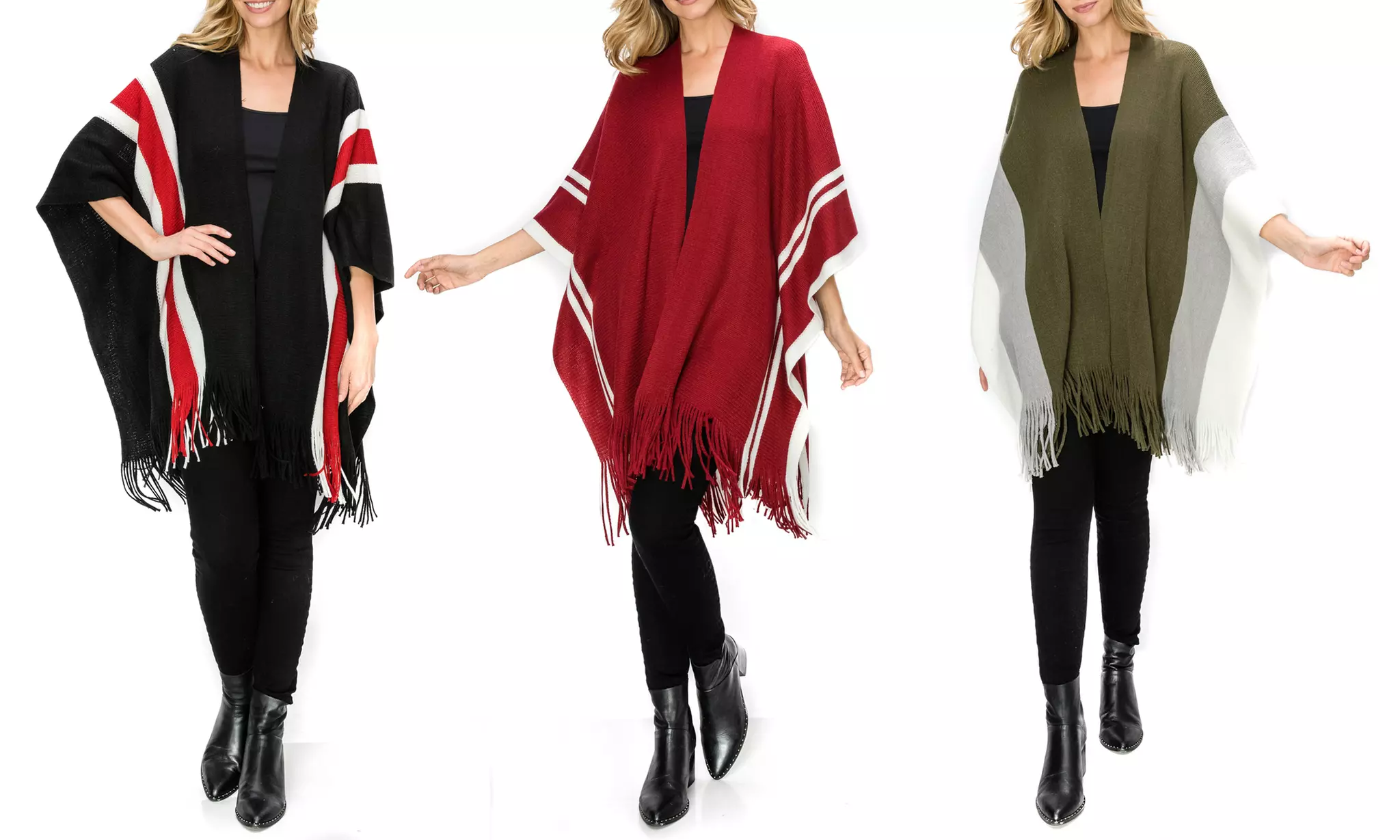 Fringe Open Front Long Sleeve Poncho