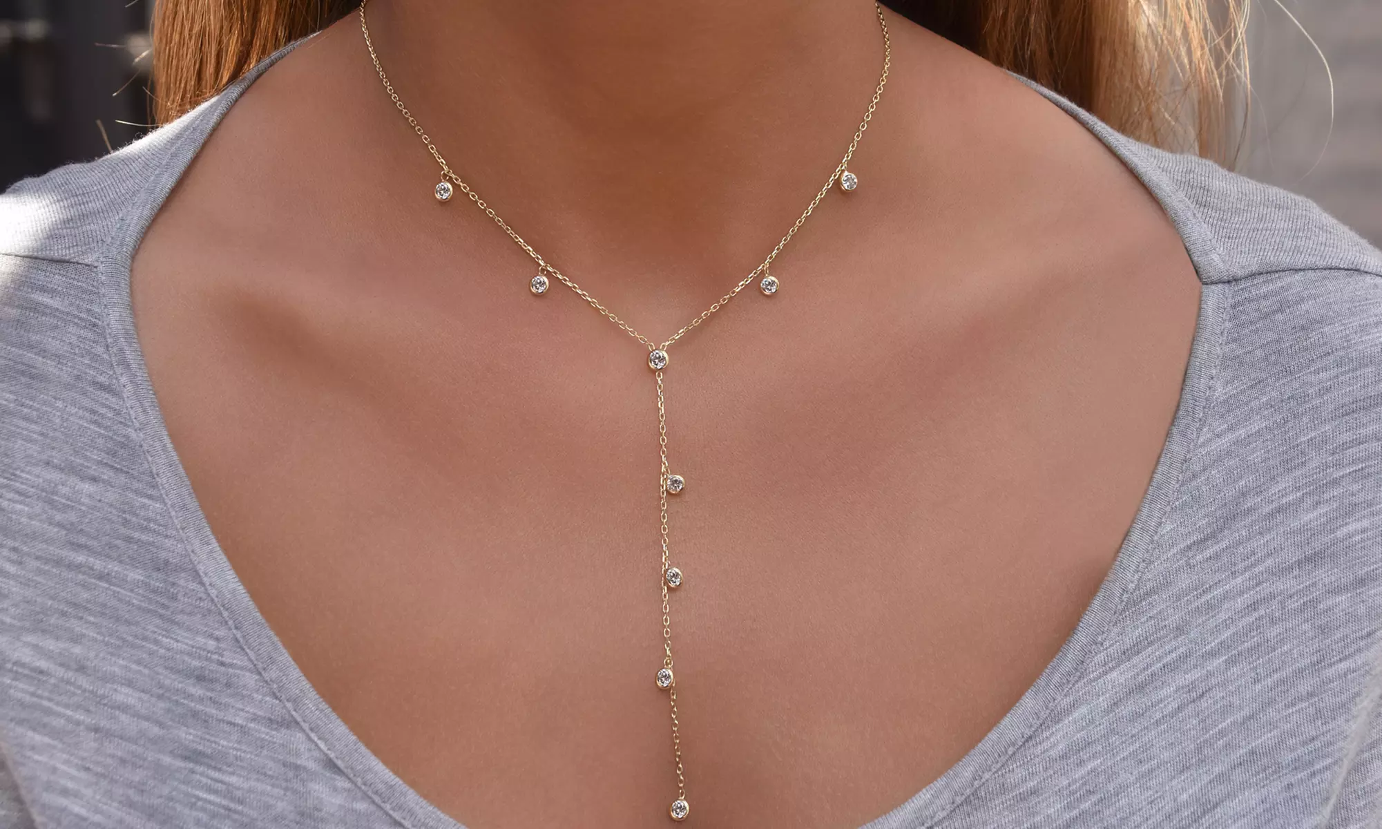 Dainty Cubic Zirconia Bezel Station Y-Necklace in Sterling Silver by Elements of Love (Multiple Options) - Primary Image