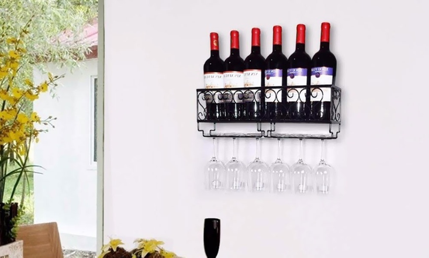 Image 2: Wall-Mounted Wine Glass Rack Goblet and Bottle Storage