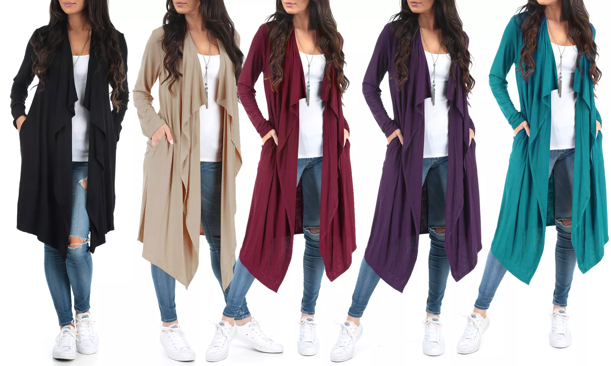 Women's Draped Knee Length Spring Cardigan with Pockets. Plus Size Available. - Primary Image