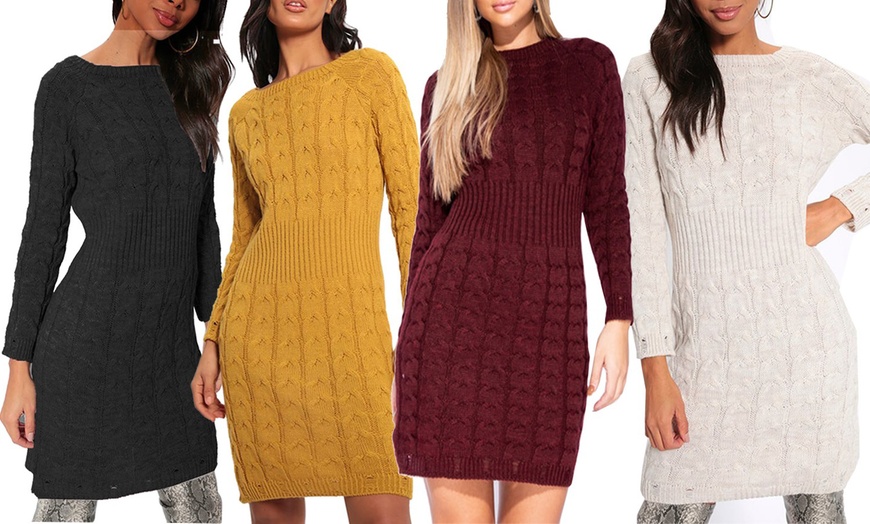 Image 1: Cable Knit Jumper Ribbed Waist Dress