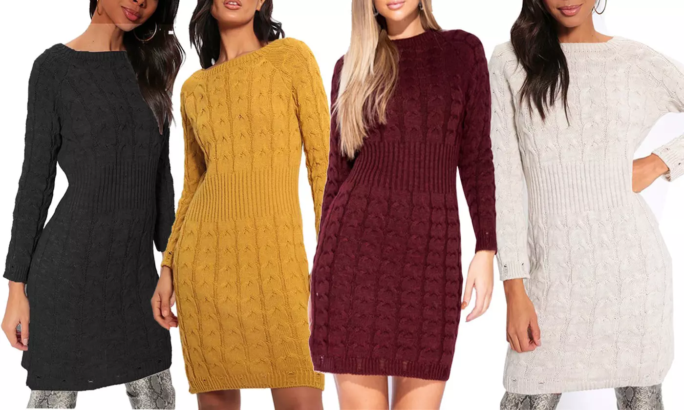 Cable Knit Jumper Ribbed Waist Dress - Primary Image