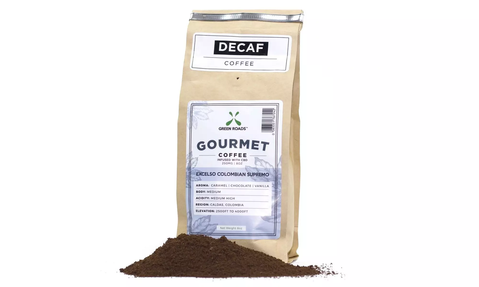 CBD Gourmet Decaf Coffee Grounds from Green Roads (250mg, 1- or 2-Pack) - Second Medium