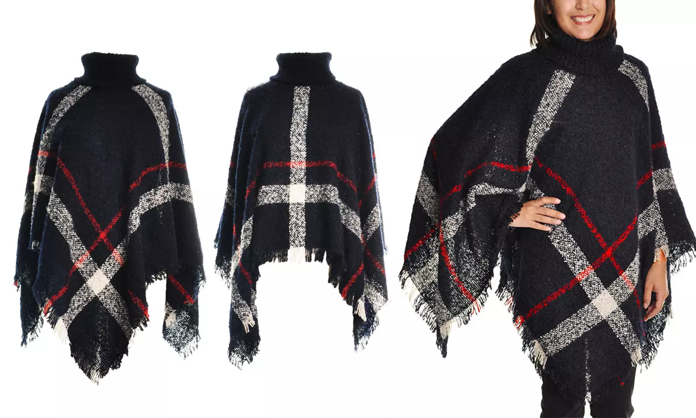 Women's One Size Woven Turtle Neck Sweater Poncho with Fringed Edges - Second Medium