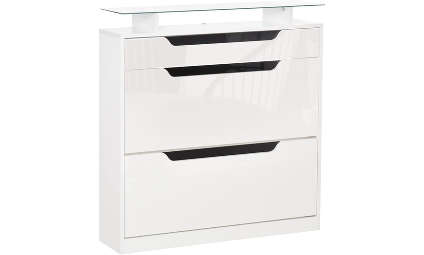 Image 2: HomCom High Gloss Shoe Cabinet with 3 Drawers