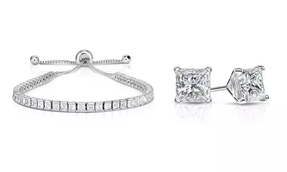Swarovski Crystal Princess Cut Tennis Bracelet and Earring Set  - Primary Image