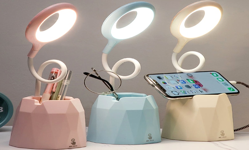 Image 5: Dimmable LED Desk Lamp with Phone and Pen Holder