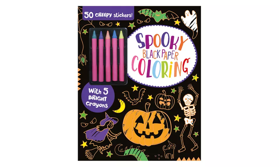 Spooky Black Paper Coloring Book with 50 Creepy Stickers and 5 Crayons - Primary Image