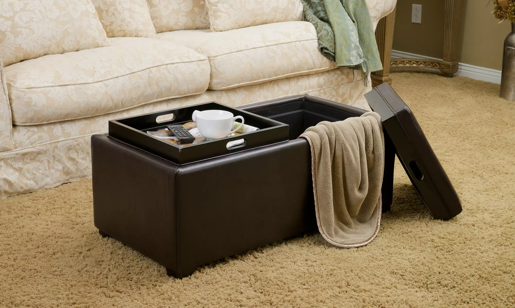 Devonshire Bonded Leather Tray Top Storage Ottoman - Primary Image