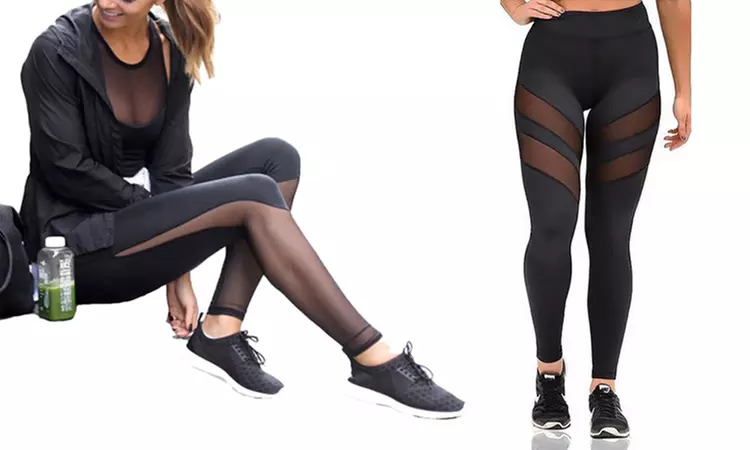 1x oder 2x Sport-Leggings mit durchsichtigem Mesh für Damen in Schwarz in Modell und in der Größe nach Wahl - Primary Image
