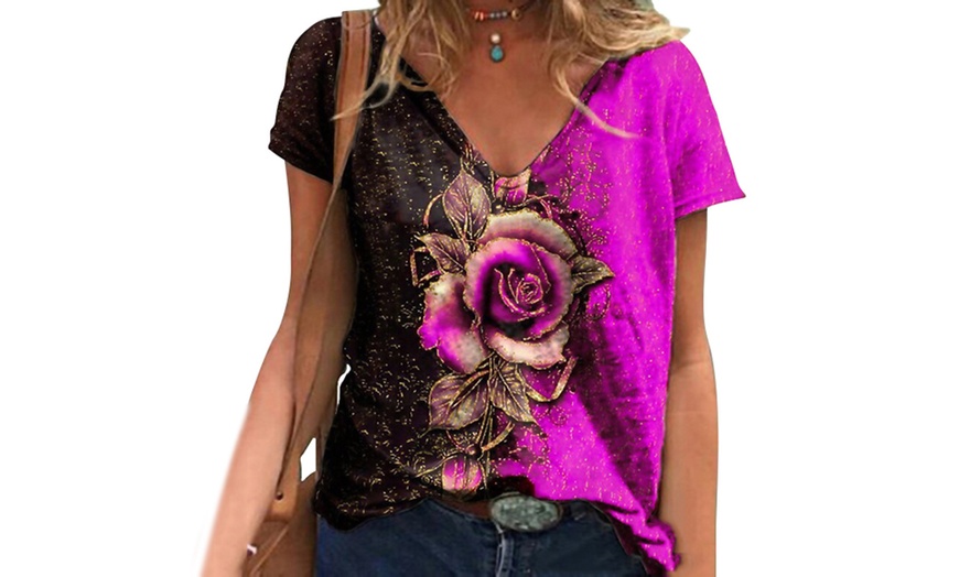 Image 2: Rose Print Two-Colour Short-Sleeved Top