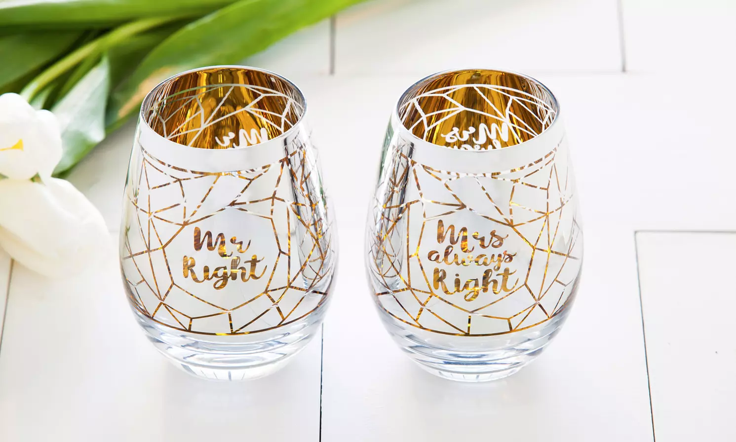 Mr. Right and Mrs. Always Right Stemless Metallic Wine Glass Set - Primary Image