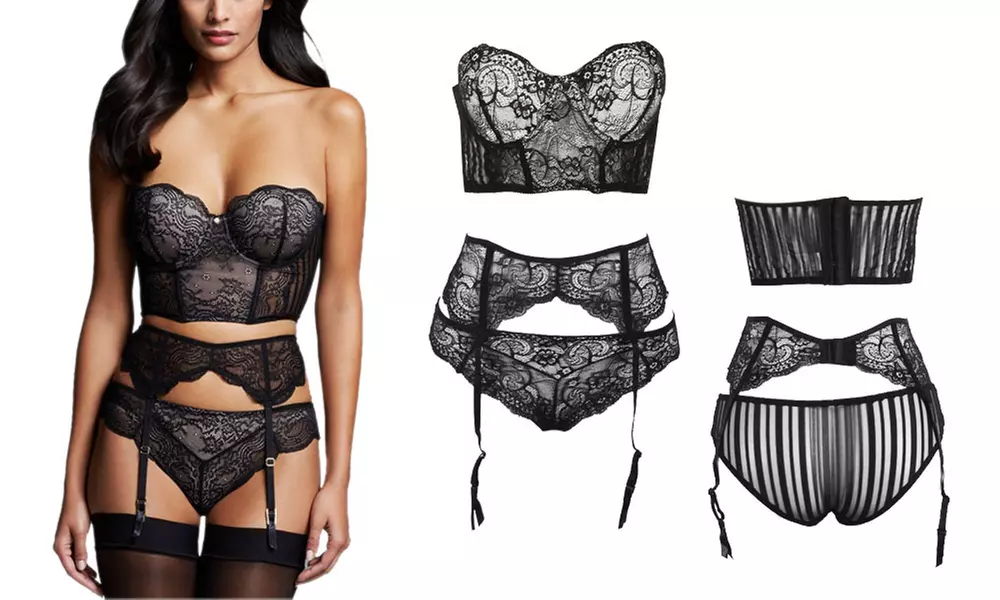Verführerisches 3tlg-Unterwäsche-Set:  BH, String und Strapsgürtel - Primary Image