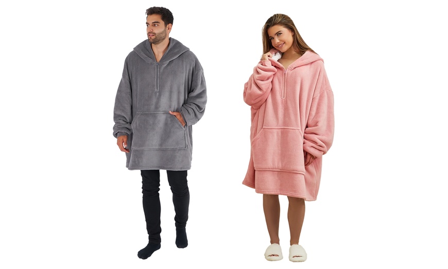 Image 1: Adults' Sherpa Oversized Half-Zip Hoodie Blanket