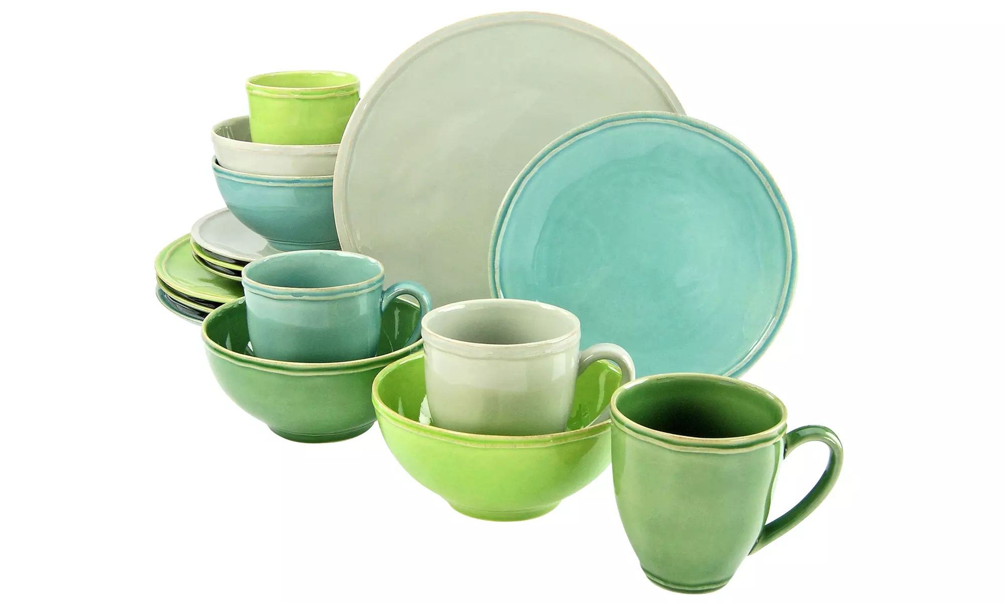 CreaTable 16tlg Kombiservice Natura in Hellgrün, Dunkelgrün, Türkis, Stein für 4 Personen, spülmasch.- & mikrowellenfest - Second Medium