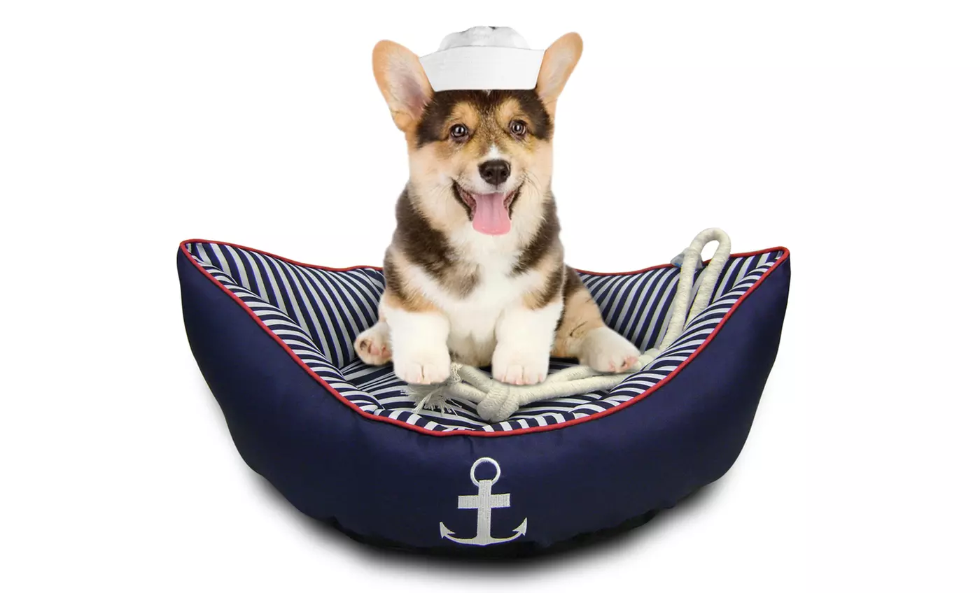 Nautical Boat Pet Bed with Rope Toy - Primary Image