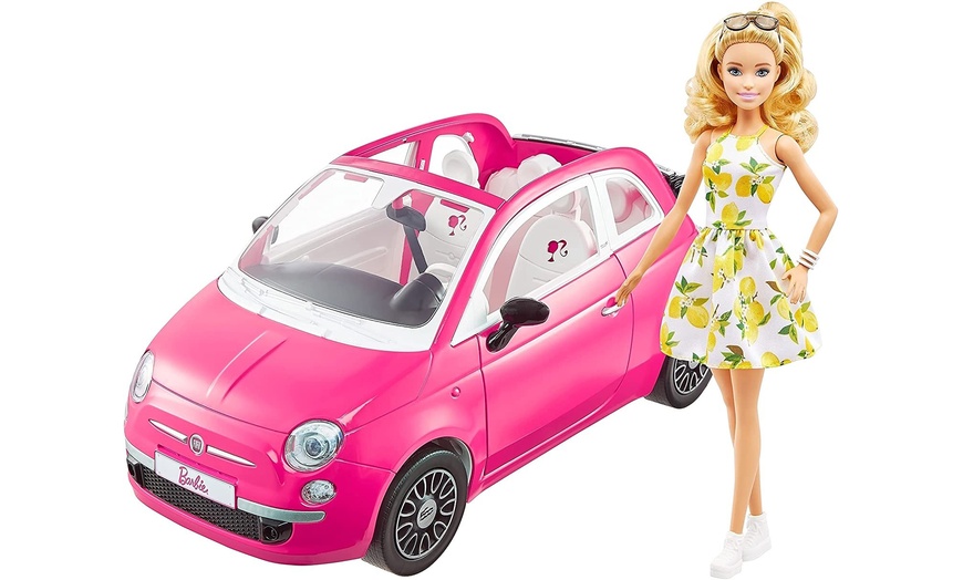 Image 1: Barbie Bambola e Fiat 500, Veicolo Rosa a 4 Posti con Accessori 