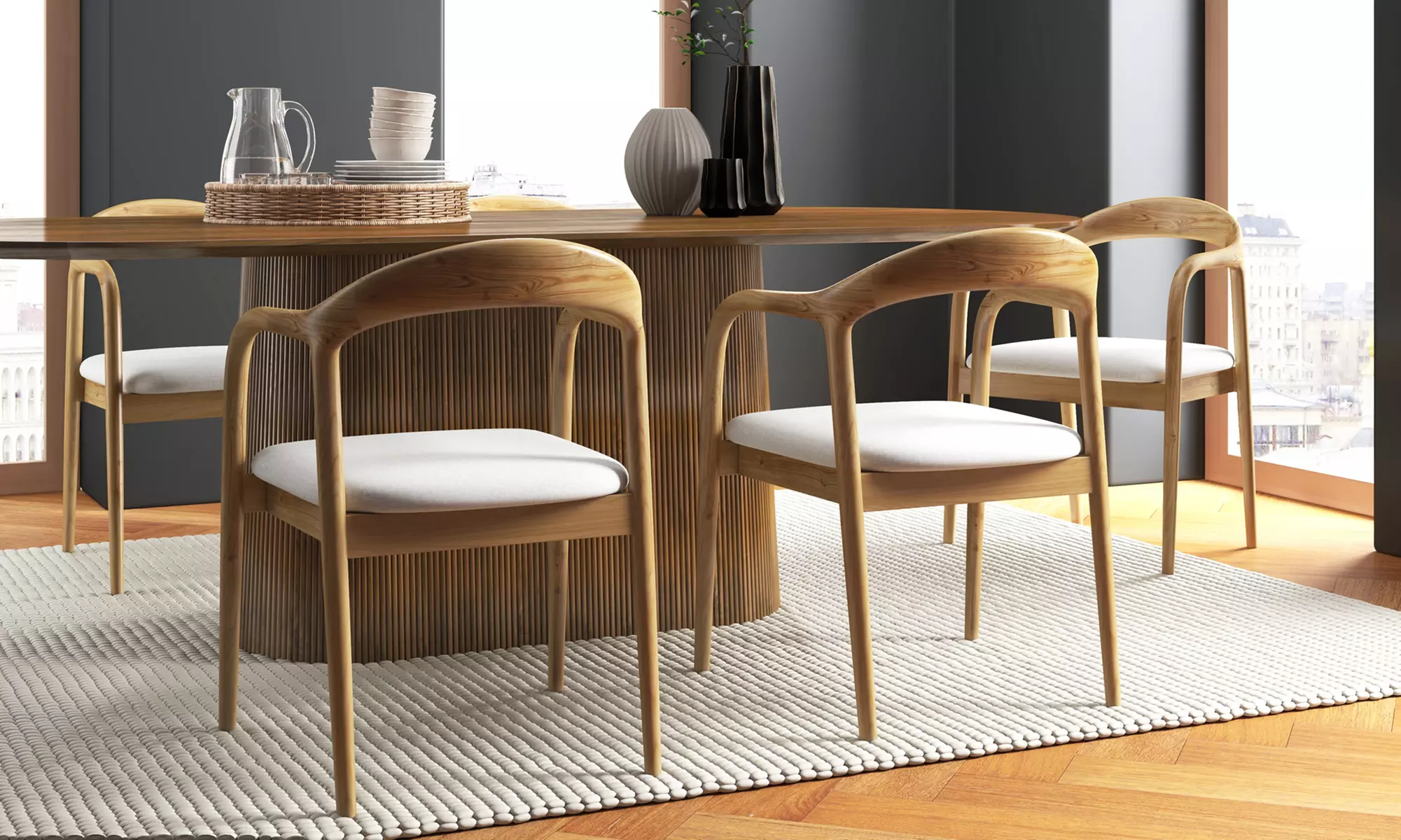 Ensemble de 2 fauteuils de table Doosense, collection "Titus", en frêne et lin naturel, livraison offerte - Primary Image