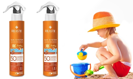 2 spray Rilastil da 200 ml per la protezione solare dei bambini con doposole opzionale da 200 ml, in 2 tipologie