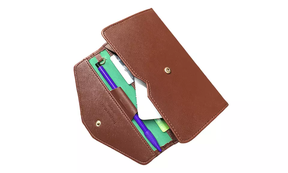 Bolso cartera de sobre elegante; marrón/verde, múltiples ranuras, compartimento con cremallera para monedas - Second Medium