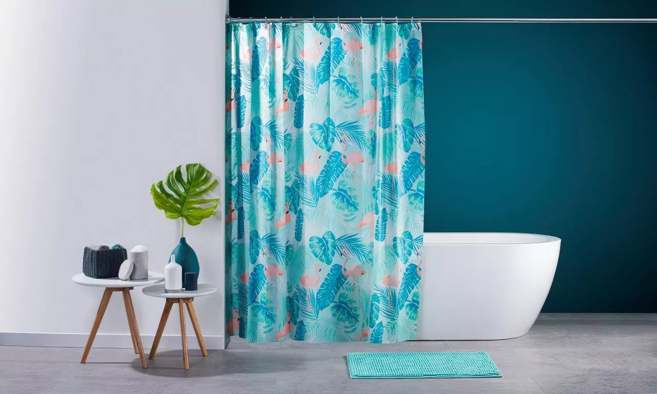 Set de 3 pièces pour la salle de bain - rideau, tapis et anneaux - Primary Image