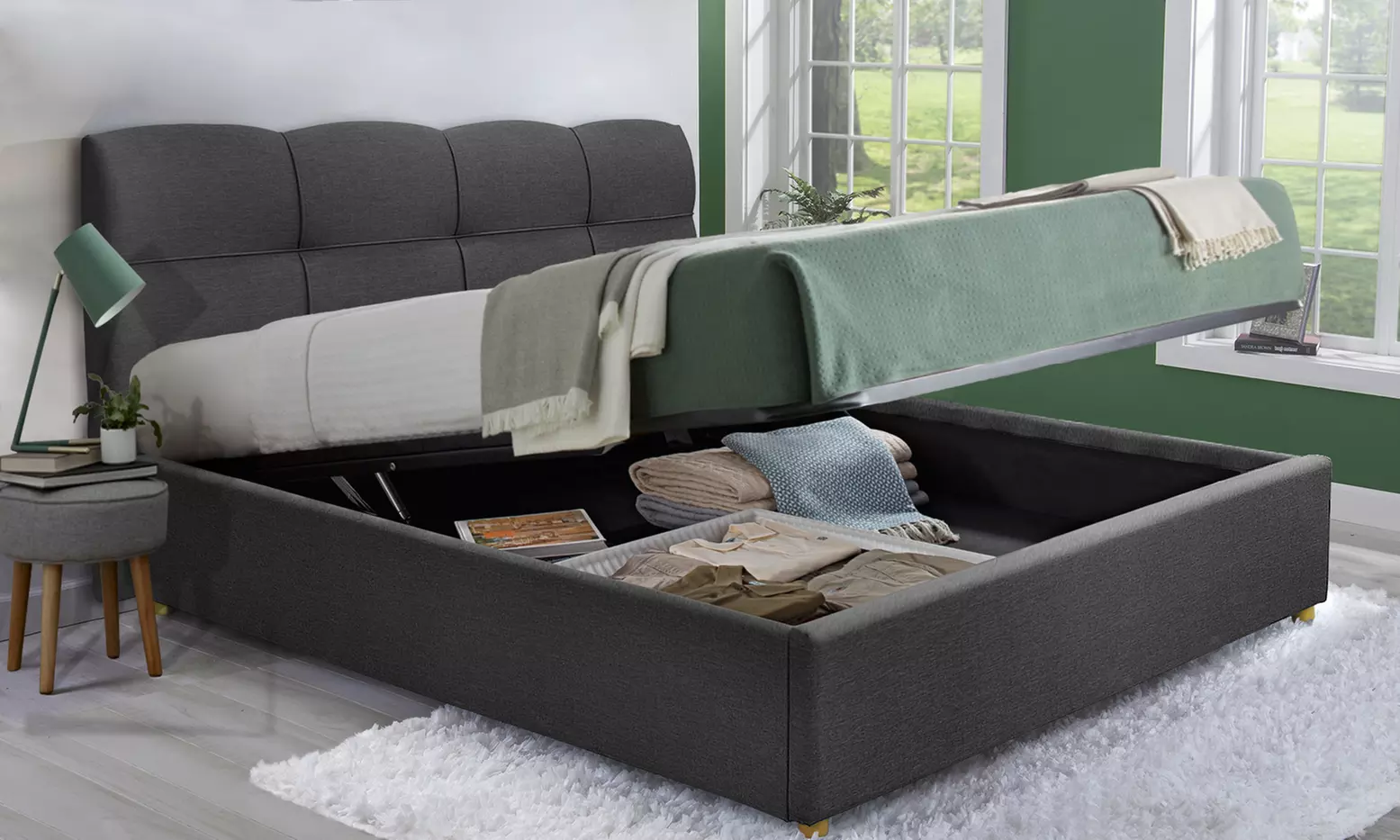 Lit coffre "Jumbo" XXL en tissu, matelas "Grand View" 32cm en option, Sampur, livraison gratuite - Primary Image