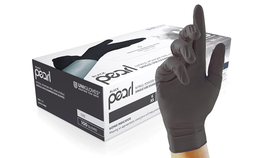 Image 1: Up to 10 Packs of 100 Unigloves Pearl Nitrile Disposable Gloves - Black