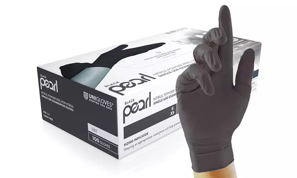 Up to 10 Packs of 100 Unigloves Pearl Nitrile Disposable Gloves - Black