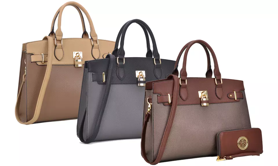 MK Belted Collection Marco Faux Leather Satchel with Matching Wallet - Primary Image