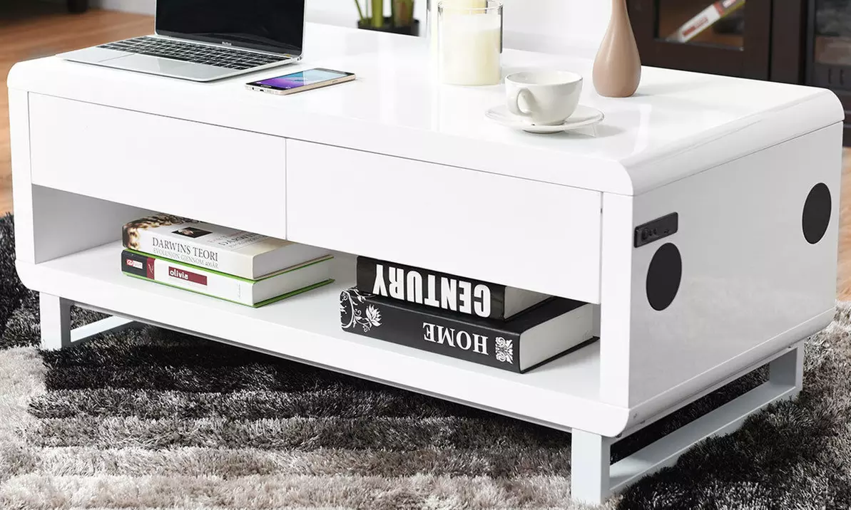 Modern White Coffee Table with Bluetooth Speakers and USB Charging Port - Primary Image