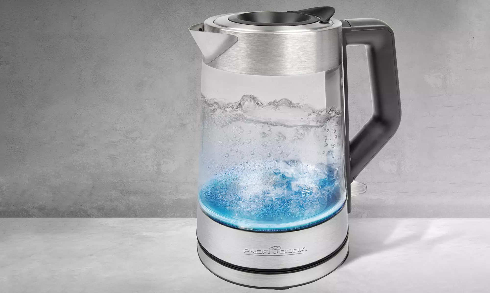 Bouilloire sans fil en verre et acier inoxydable avec ouverture de remplissage à fermeture automatique - Primary Image